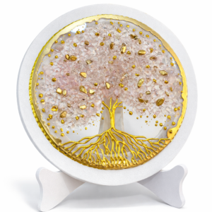 Universo Decorativo Árbol de la Vida en Resina con Cristales Rosados y Detalles Dorados 24 CM (con marco y luz)