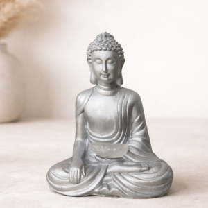 Buda Plateado “Equilibrio Interior” con Piedra Natural ( 12 CM )