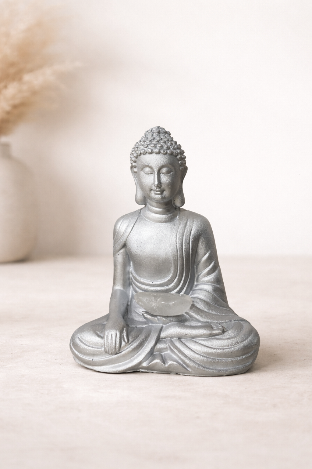 Buda Plateado “Equilibrio Interior” con Piedra Natural ( 12 CM )