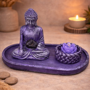 Set Buda Violeta con Flor de Loto y Piedra Energética ( 22 CM )