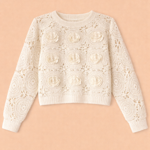 Suéter Crochet color Beige con Flores Tejidas Talle S