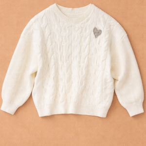 Suéter Tejido de Lana color Blanco con broche en forma de Corazón Talle L